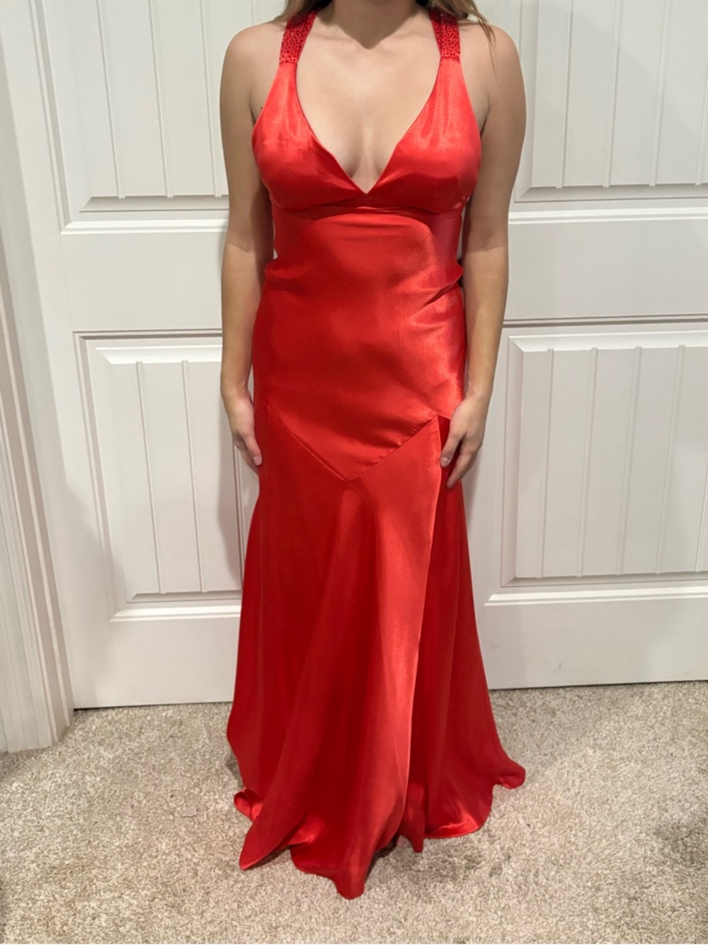 Red Orange Satin Halter Evening Dress